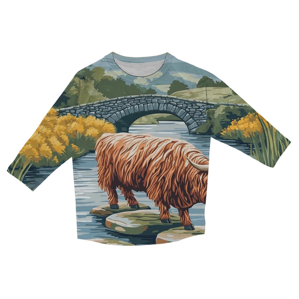 Highland Cow River Stone Crossing trendy 3/4 sleeve tops