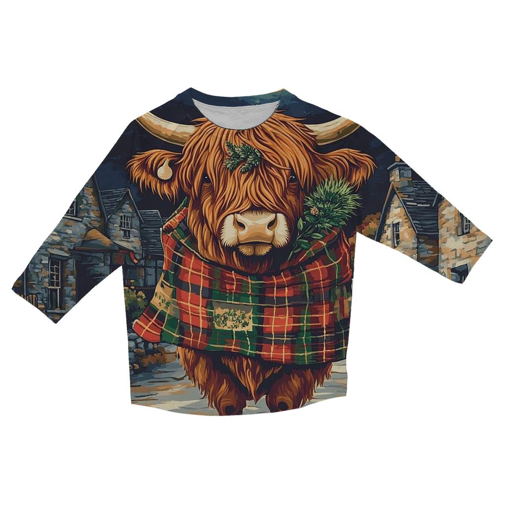 Moonlit Tartan Parade Highland Cow personalized 3/4 sleeve tees