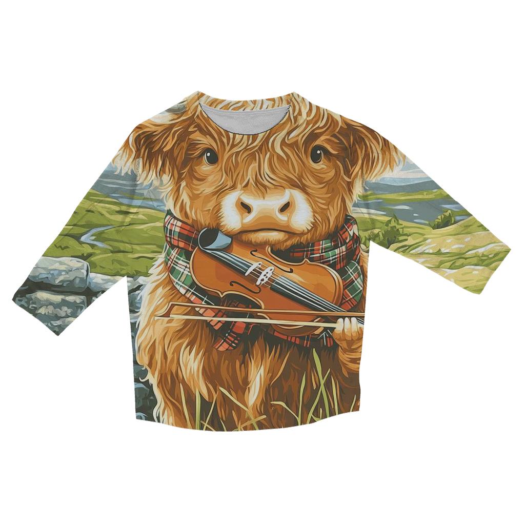 Highland Cow Violin Practice Meadow casual three quarter sleeve shirts