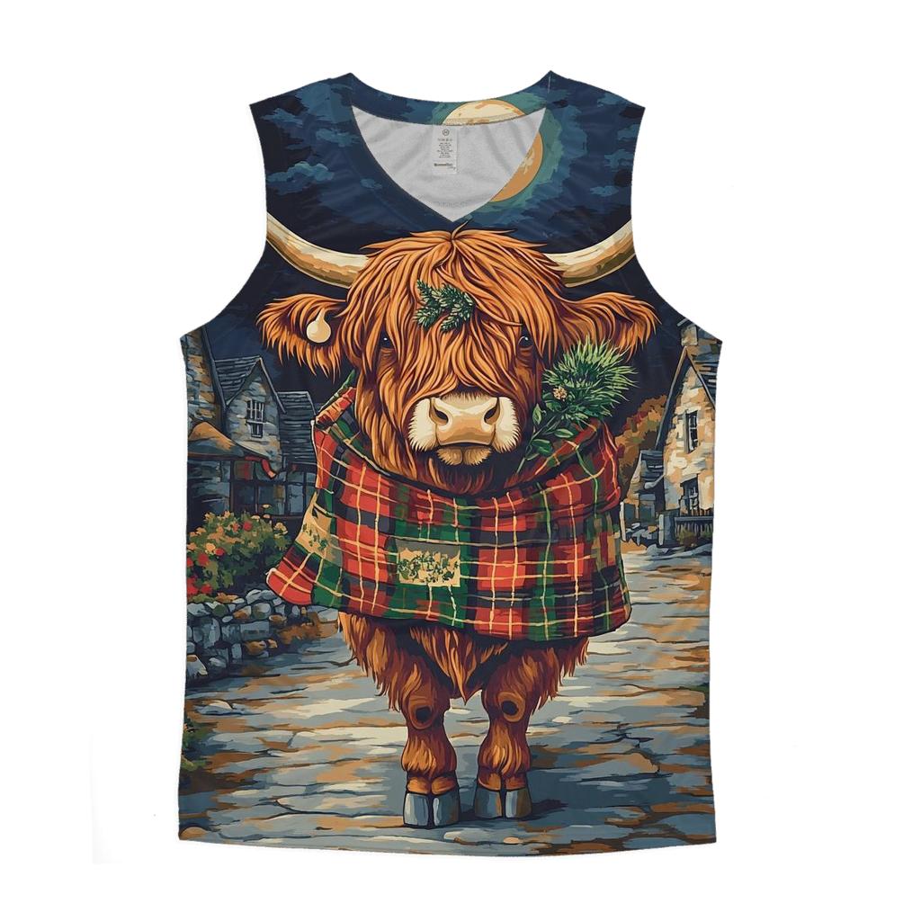 Moonlit Tartan Parade Highland Cow graphic print tank tops