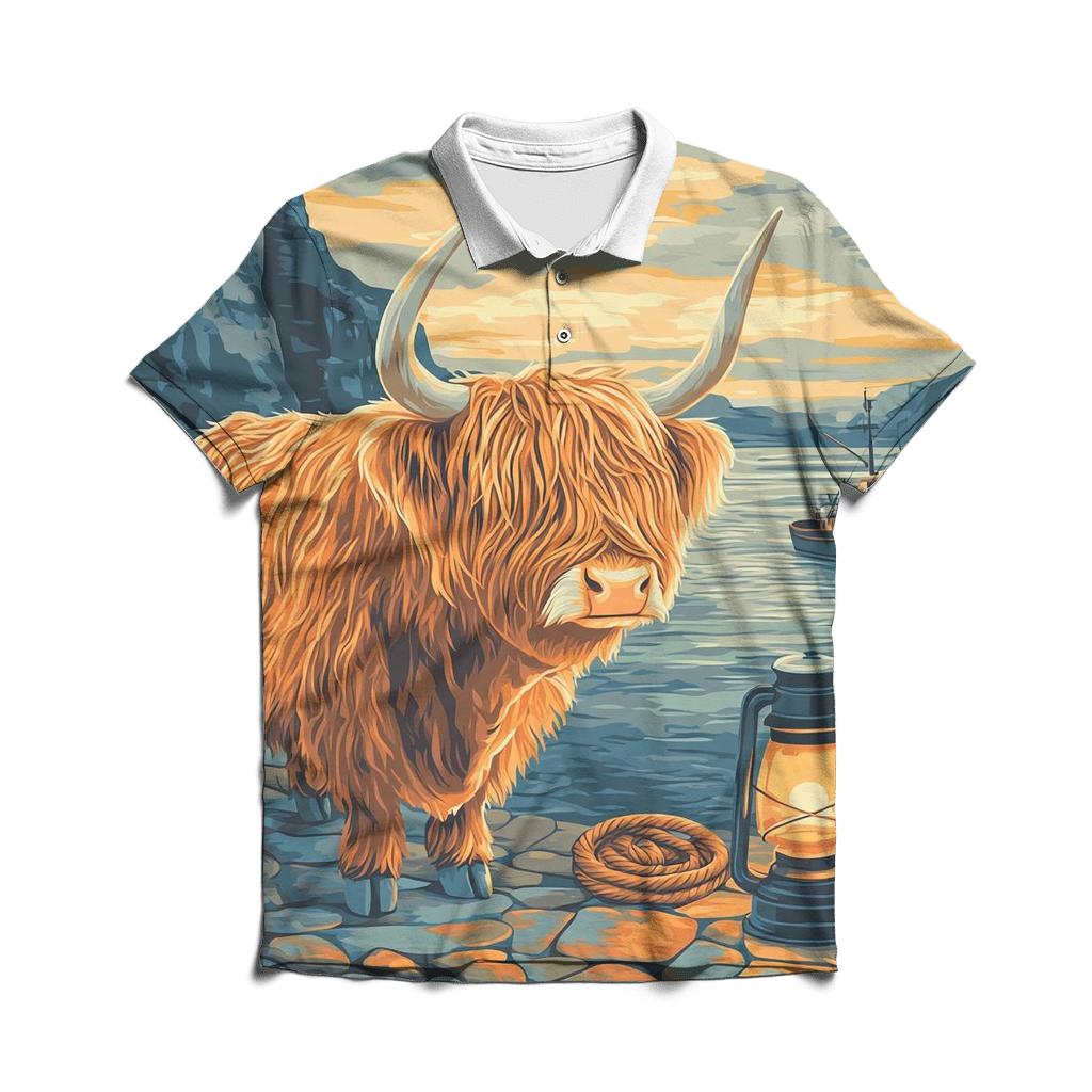 Harbor Lantern Highland Cow premium cotton polo shirts
