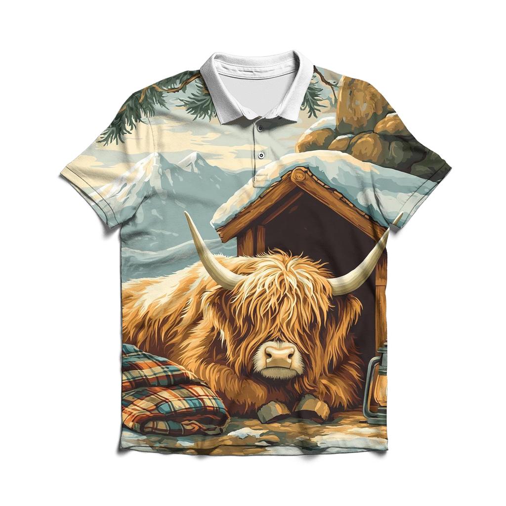 Highland Cow In Winter Bothy Glow stylish collar polo tees