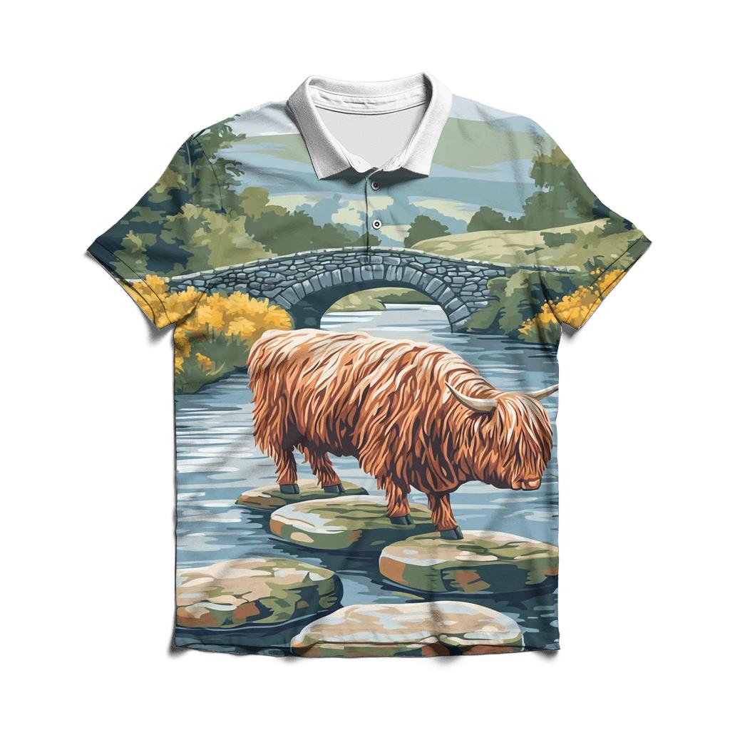 Highland Cow River Stone Crossing embroidered polo tops