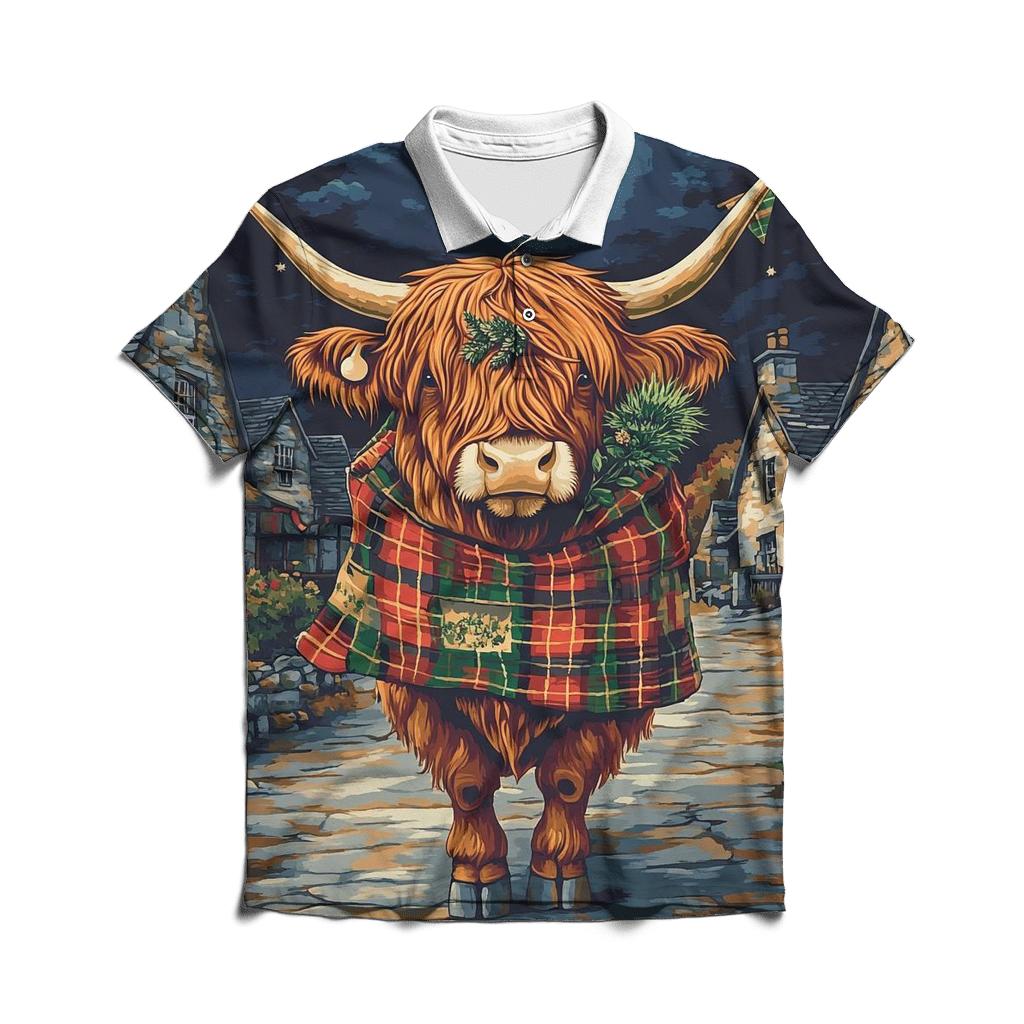 Moonlit Tartan Parade Highland Cow custom polo shirts