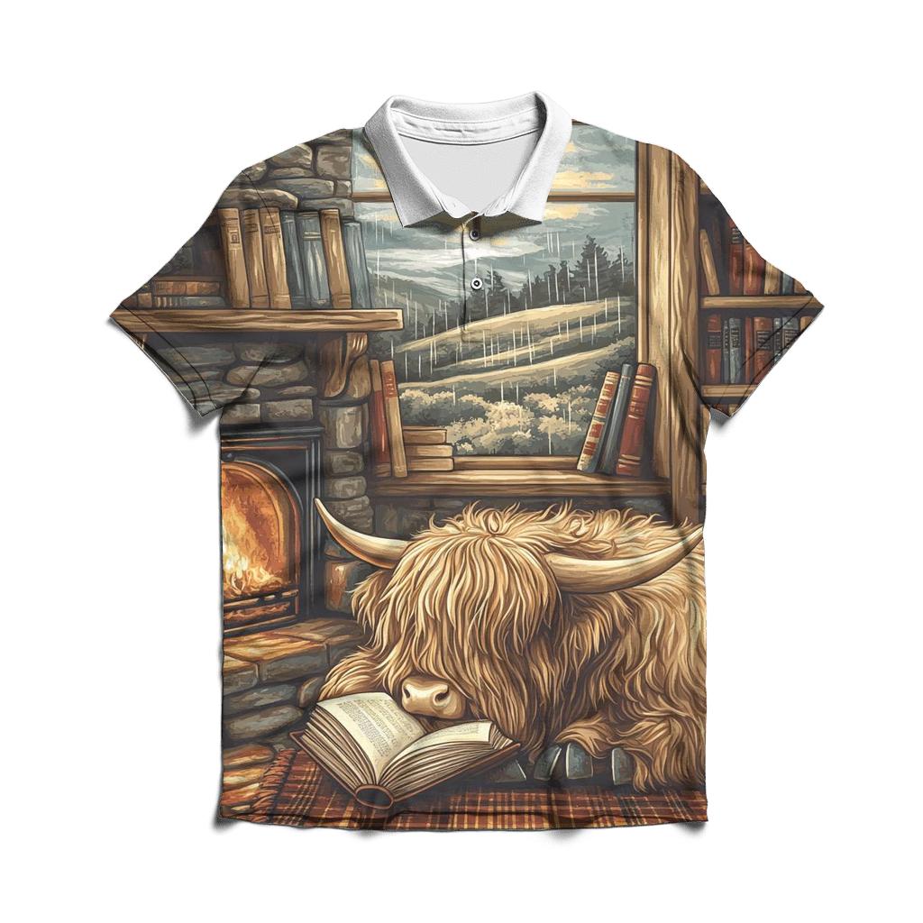 Highland Cow Bookshop Nook premium cotton polo shirts