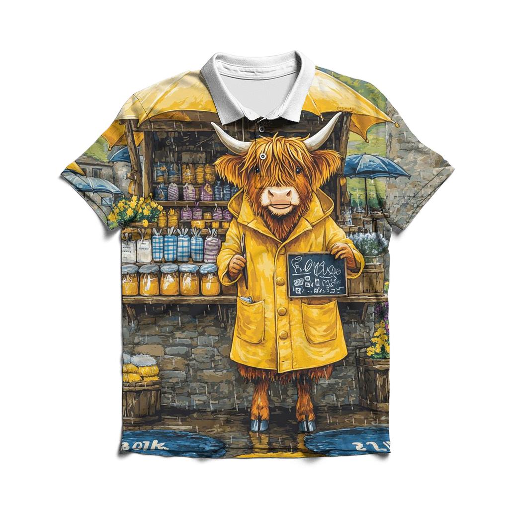 Raincoat Highland Cow At Market Stall personalized polo shirts