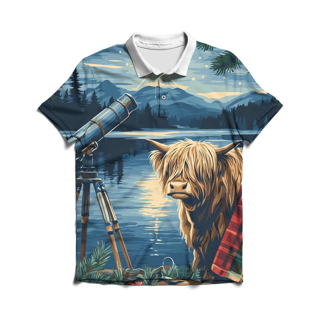 Highland Cow Lochside Telescope Night designer slim fit polos