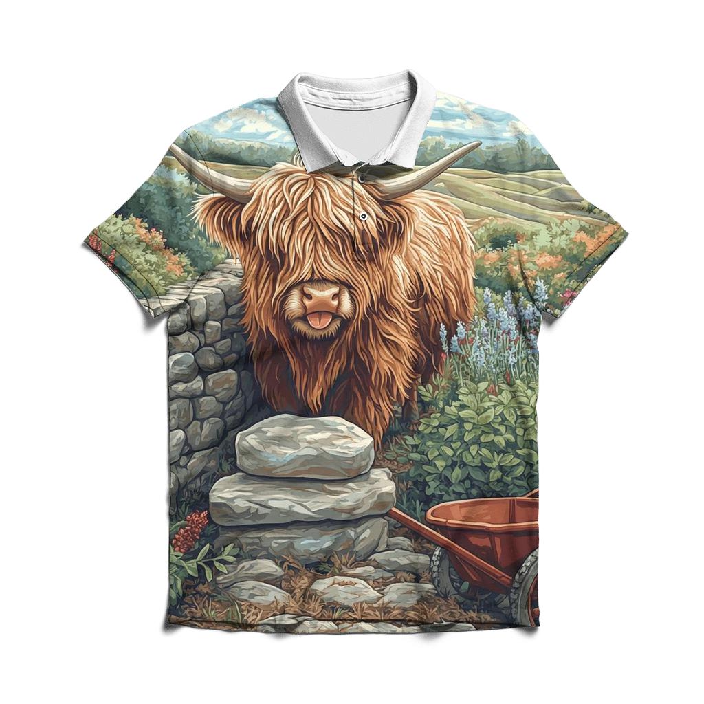 Highland Cow Garden Stone Wall Builder branded logo polo shirts