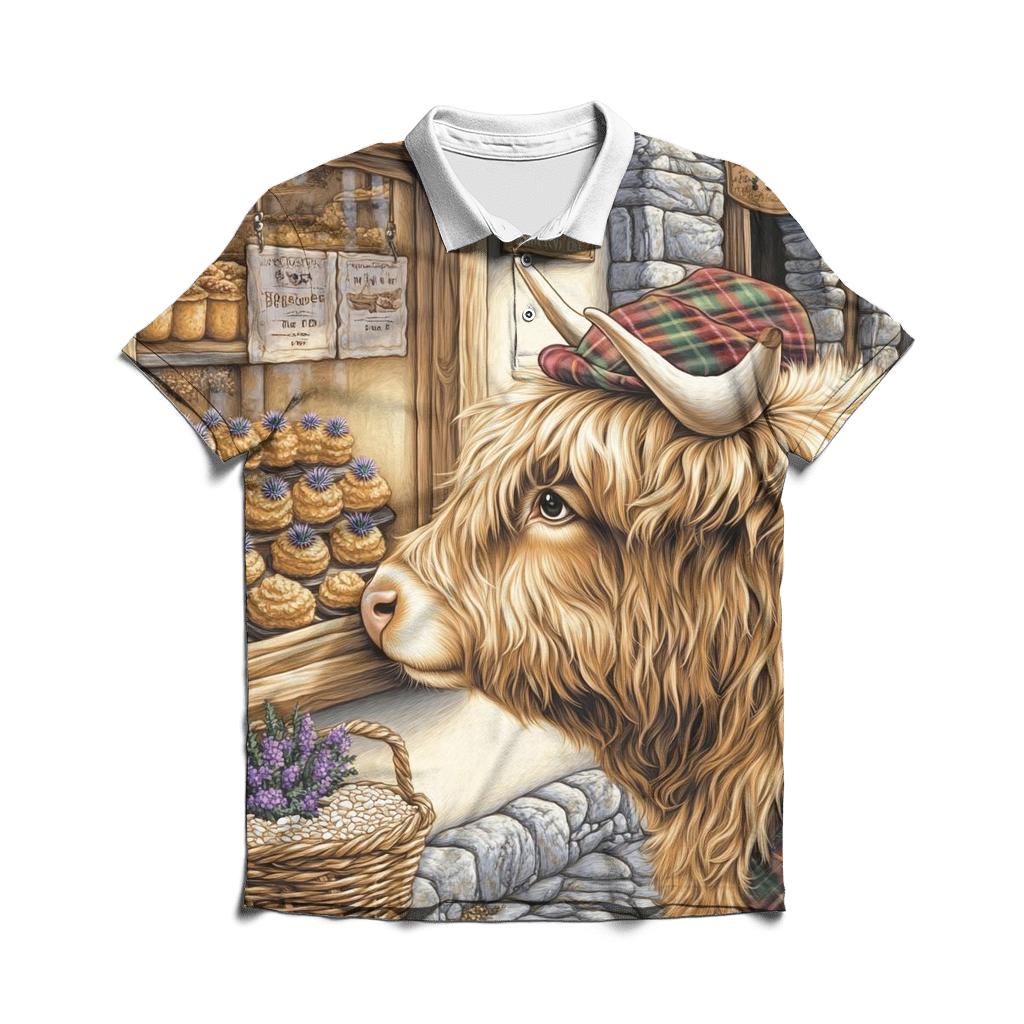 Highland Cow Thistle Bakery Window designer slim fit polos
