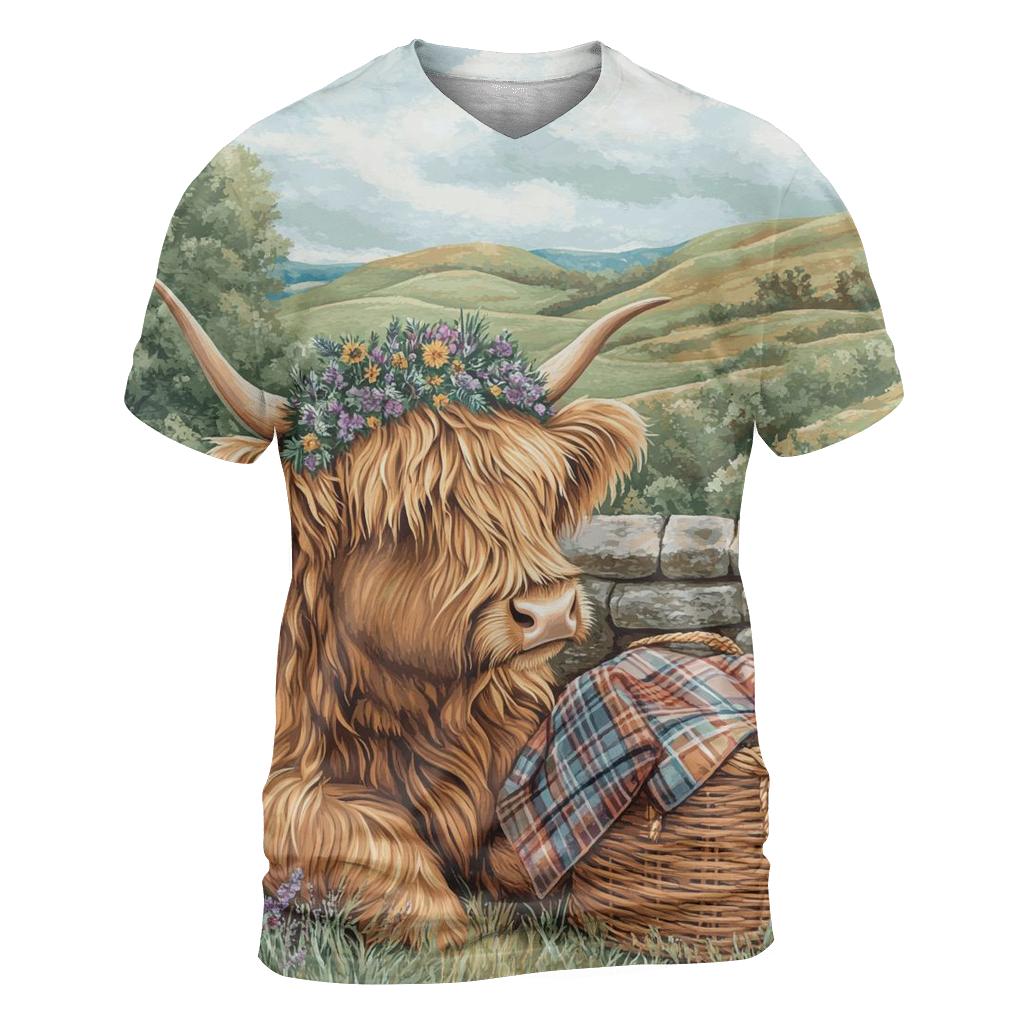 Highland Cow With Heather Crown Picnic designer pattern shirts