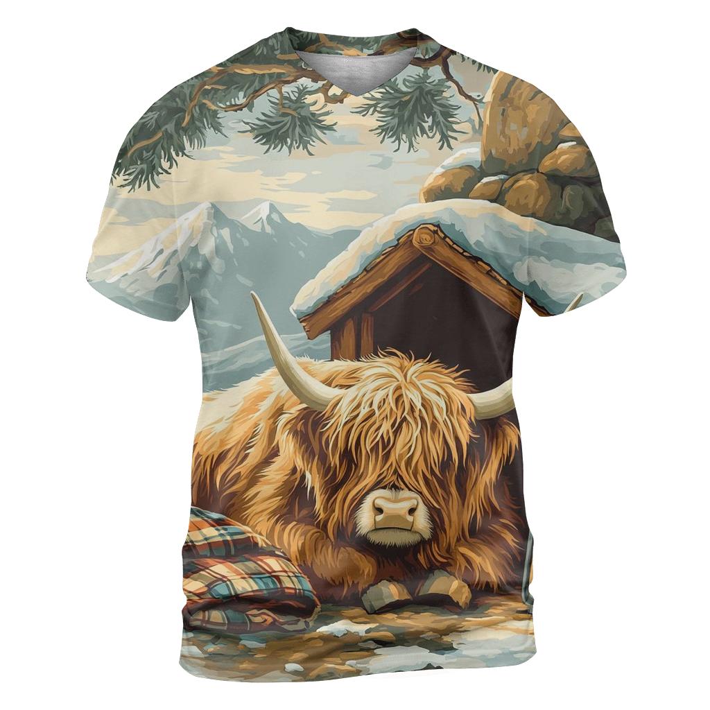 Highland Cow In Winter Bothy Glow designer pattern shirts