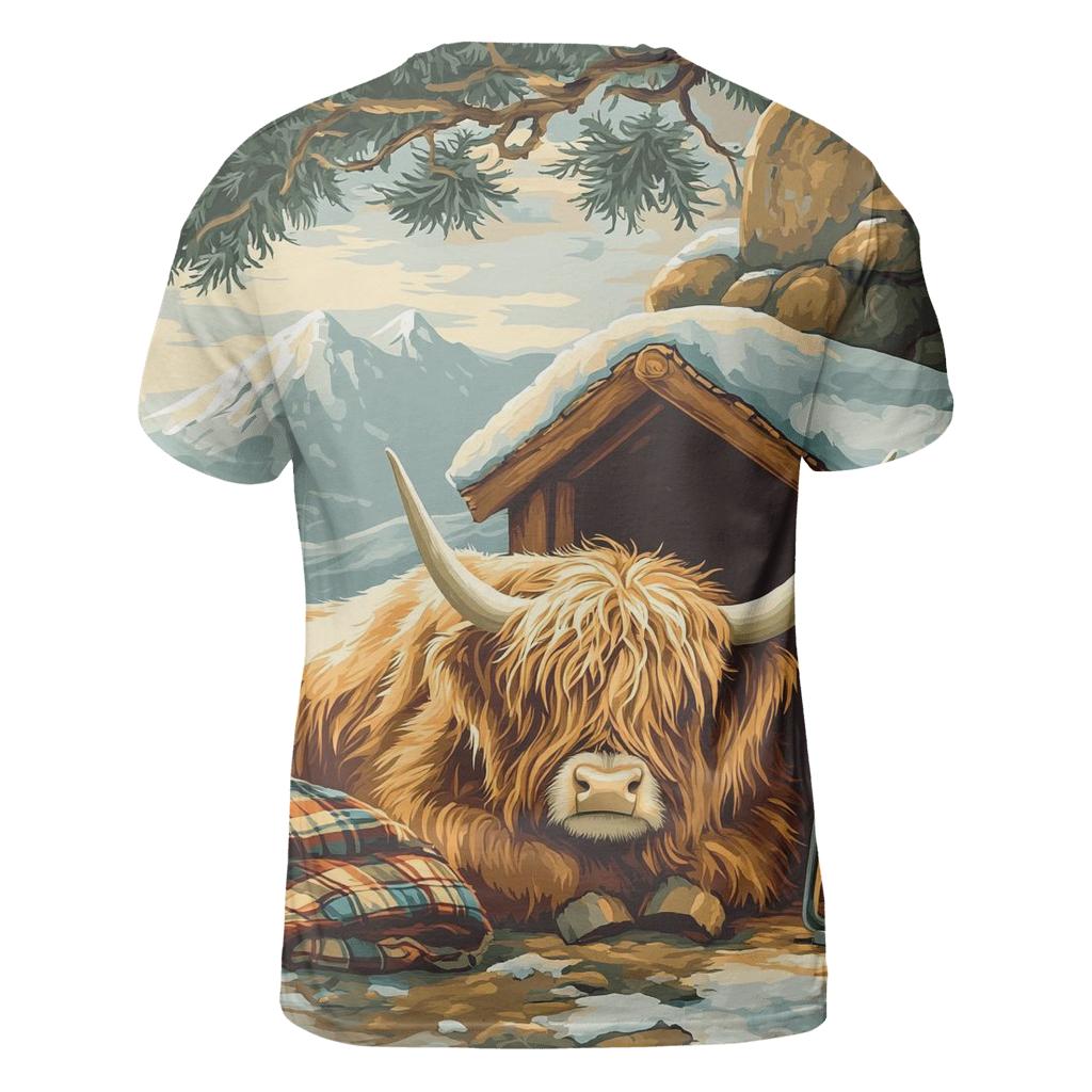 Highland Cow In Winter Bothy Glow designer pattern shirts