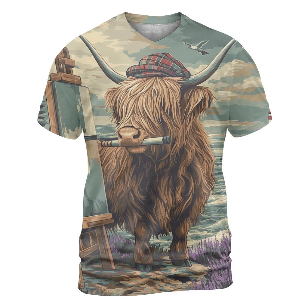 Clifftop Sketcher Highland Cow vibrant all-over design tees