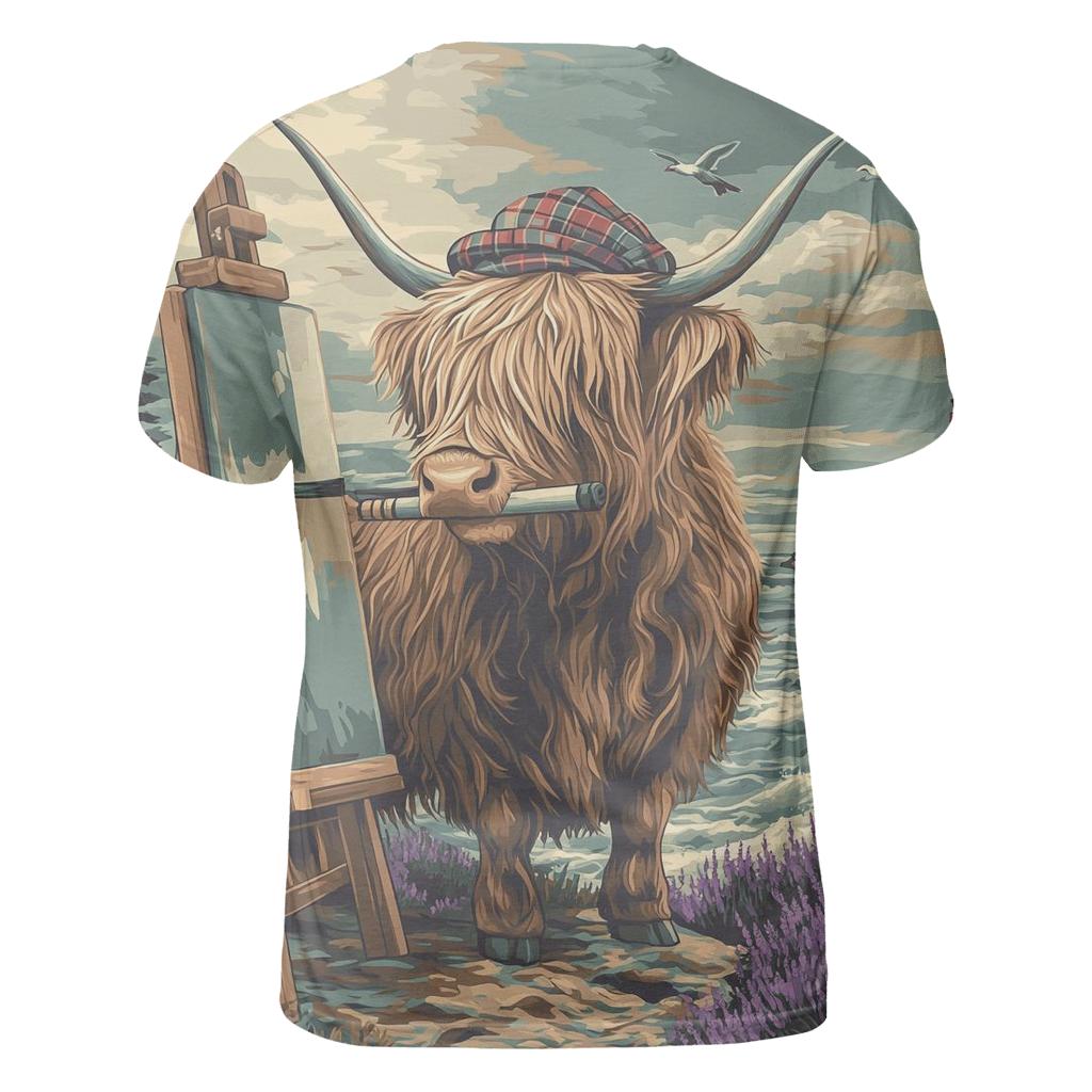 Clifftop Sketcher Highland Cow vibrant all-over design tees