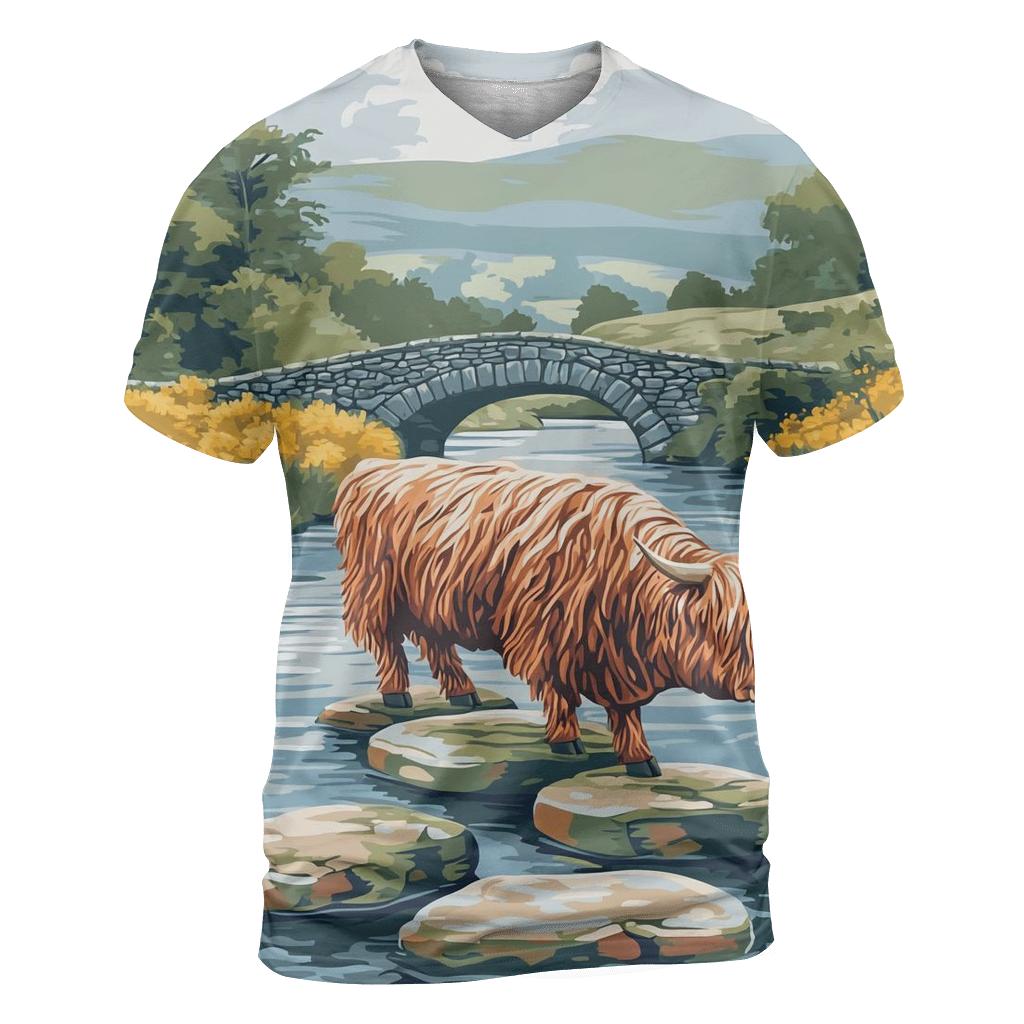 Highland Cow River Stone Crossing creative print fashion shirts