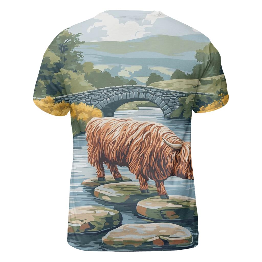 Highland Cow River Stone Crossing creative print fashion shirts