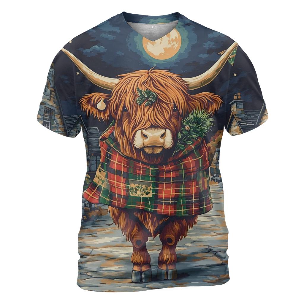 Moonlit Tartan Parade Highland Cow vibrant all-over design tees