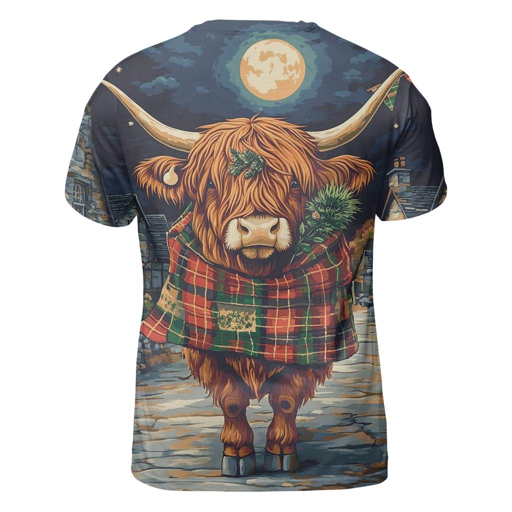 Moonlit Tartan Parade Highland Cow vibrant all-over design tees