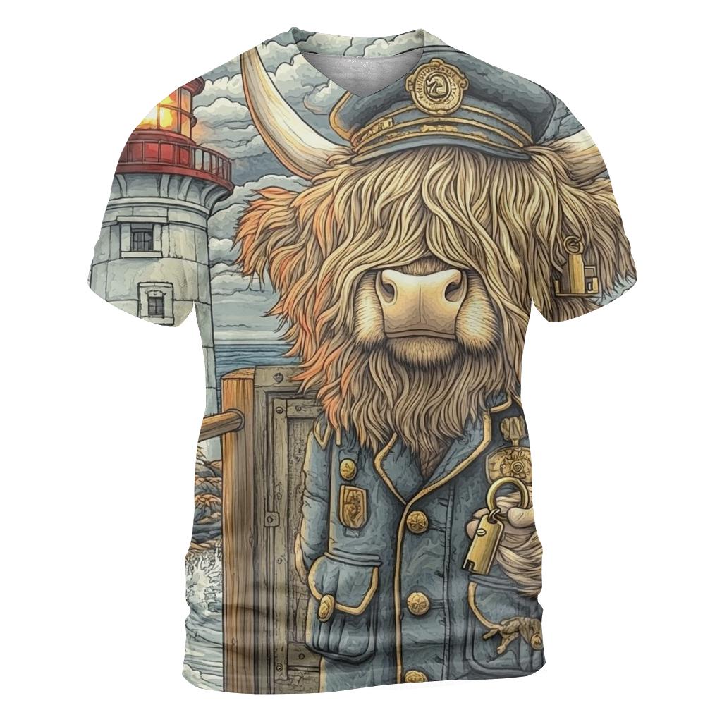 Highland Cow Lighthouse Keeper vibrant all-over design tees