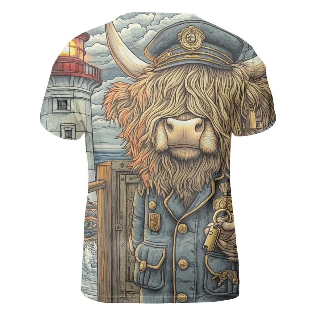 Highland Cow Lighthouse Keeper vibrant all-over design tees