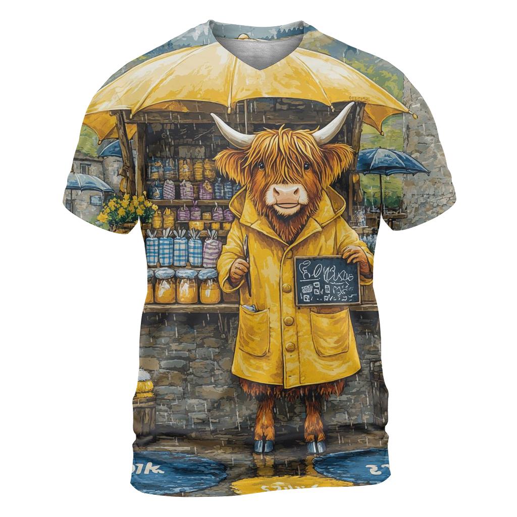 Raincoat Highland Cow At Market Stall unique graphic print tees