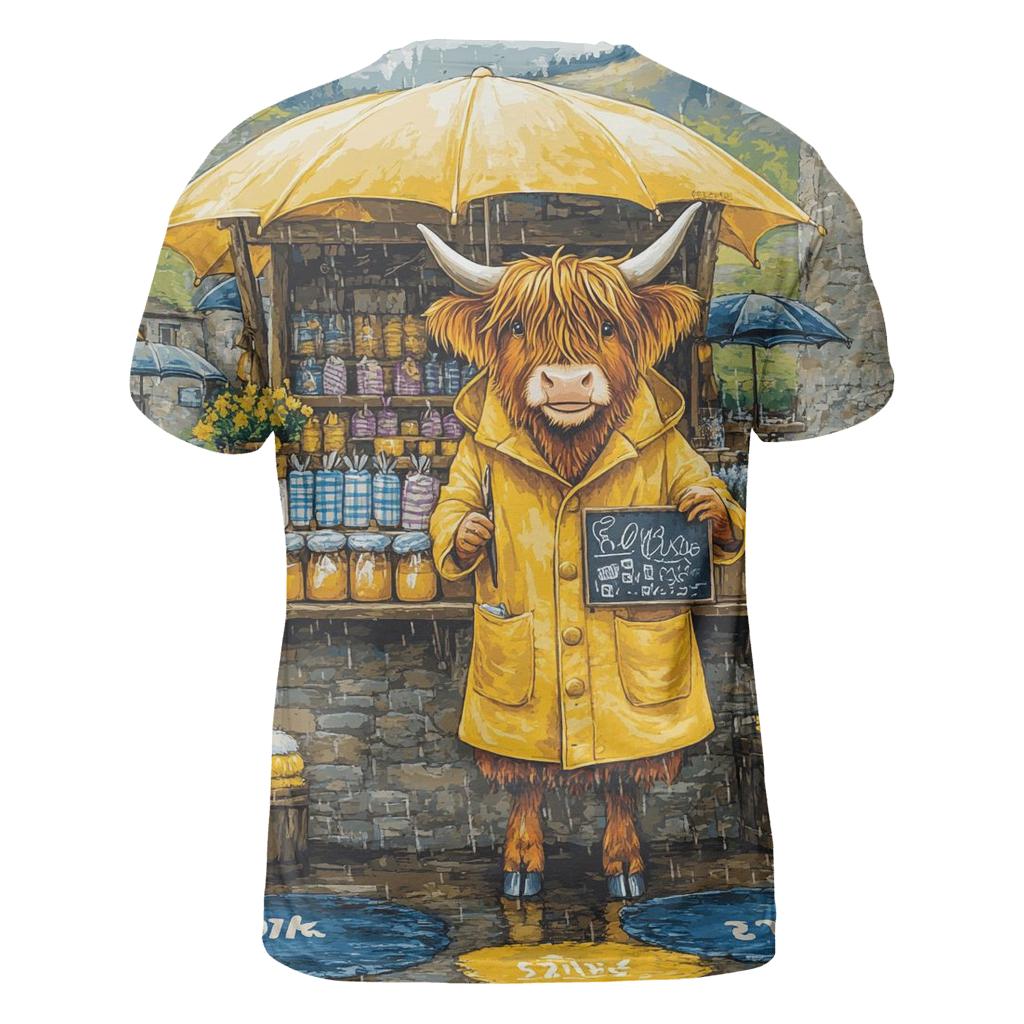 Raincoat Highland Cow At Market Stall unique graphic print tees