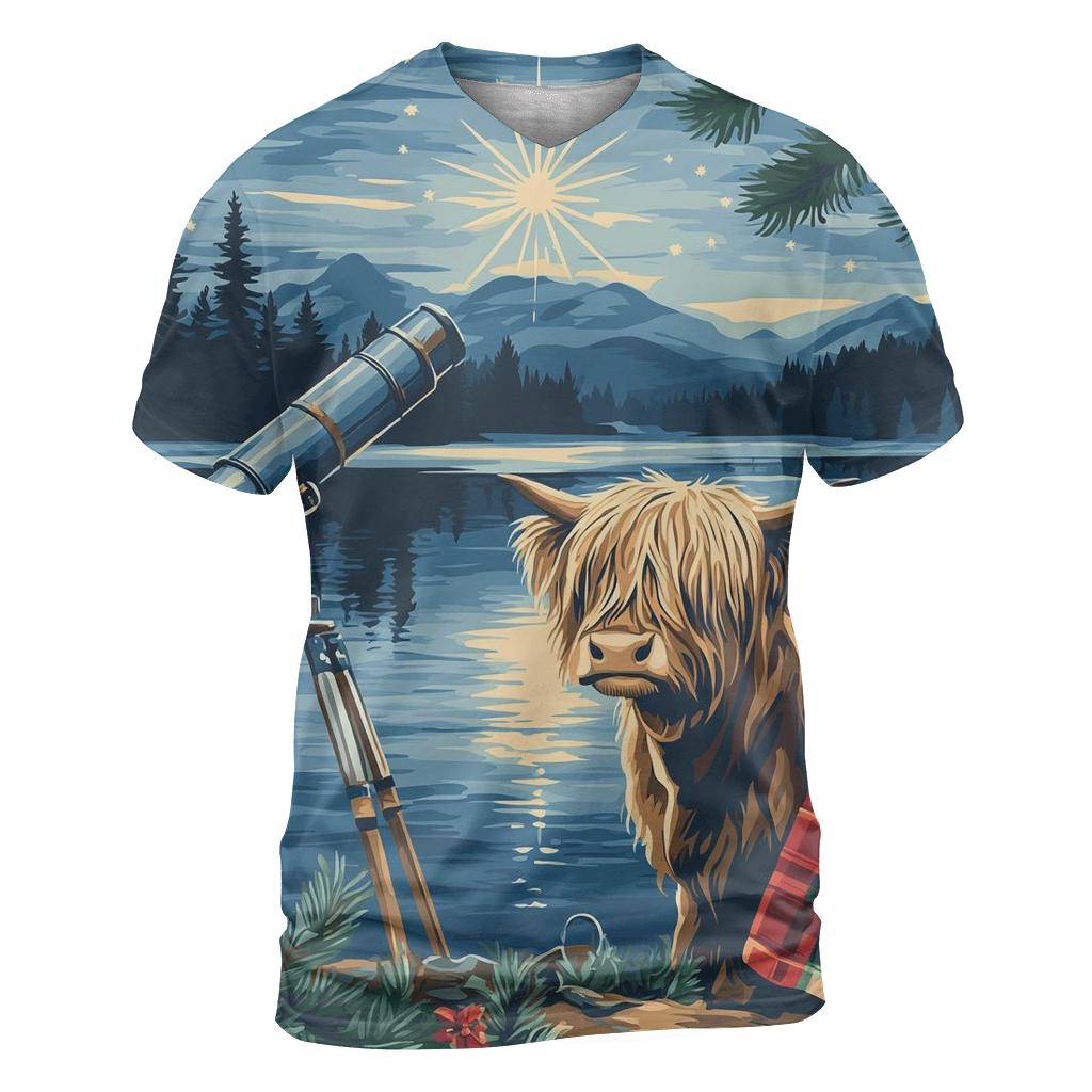 Highland Cow Lochside Telescope Night vibrant all-over design tees