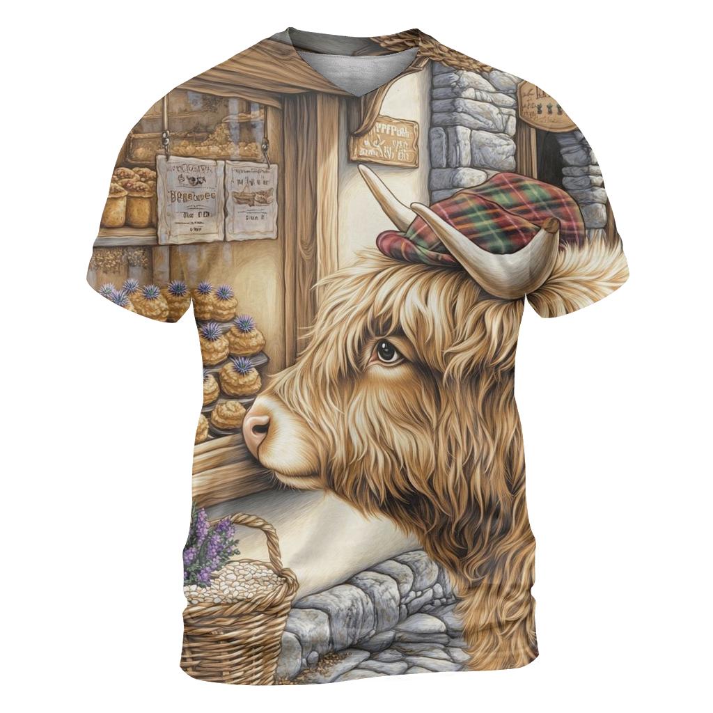 Highland Cow Thistle Bakery Window vibrant all-over design tees
