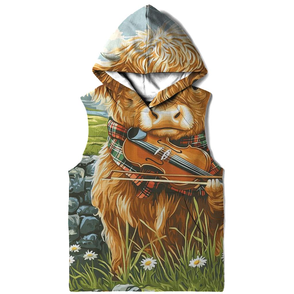 Highland Cow Violin Practice Meadow premium hoodies