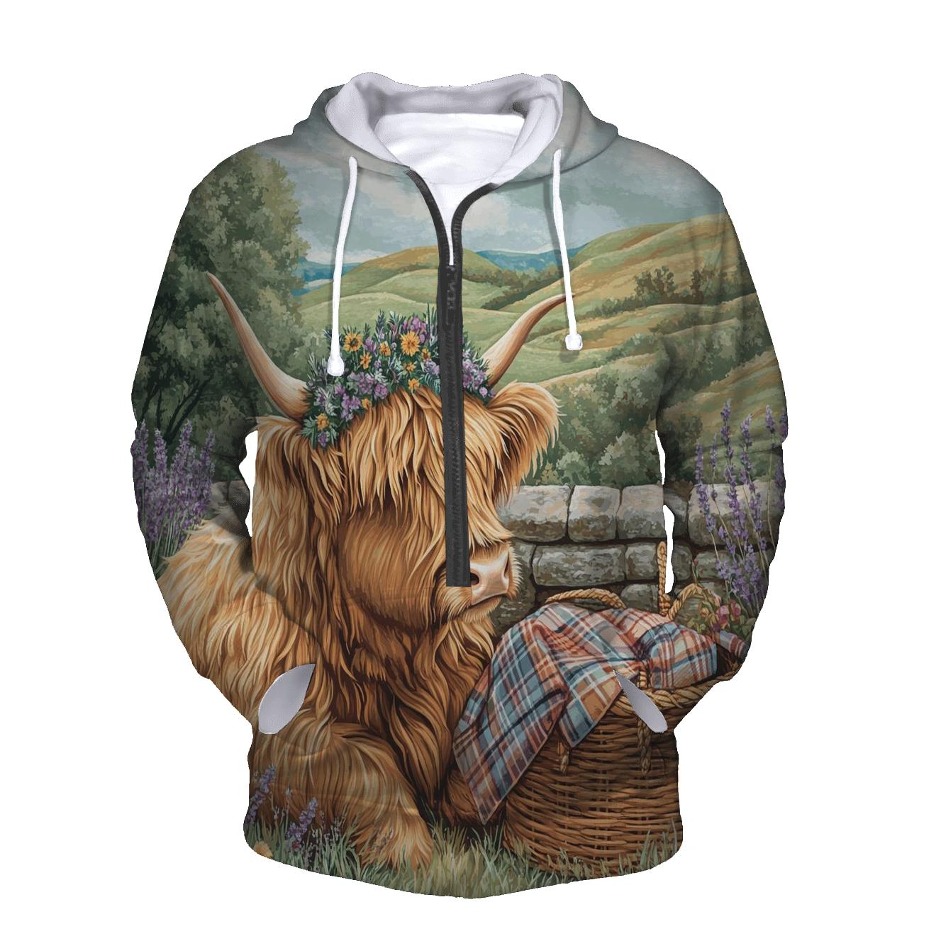 Highland Cow With Heather Crown Picnic graphic hoodies