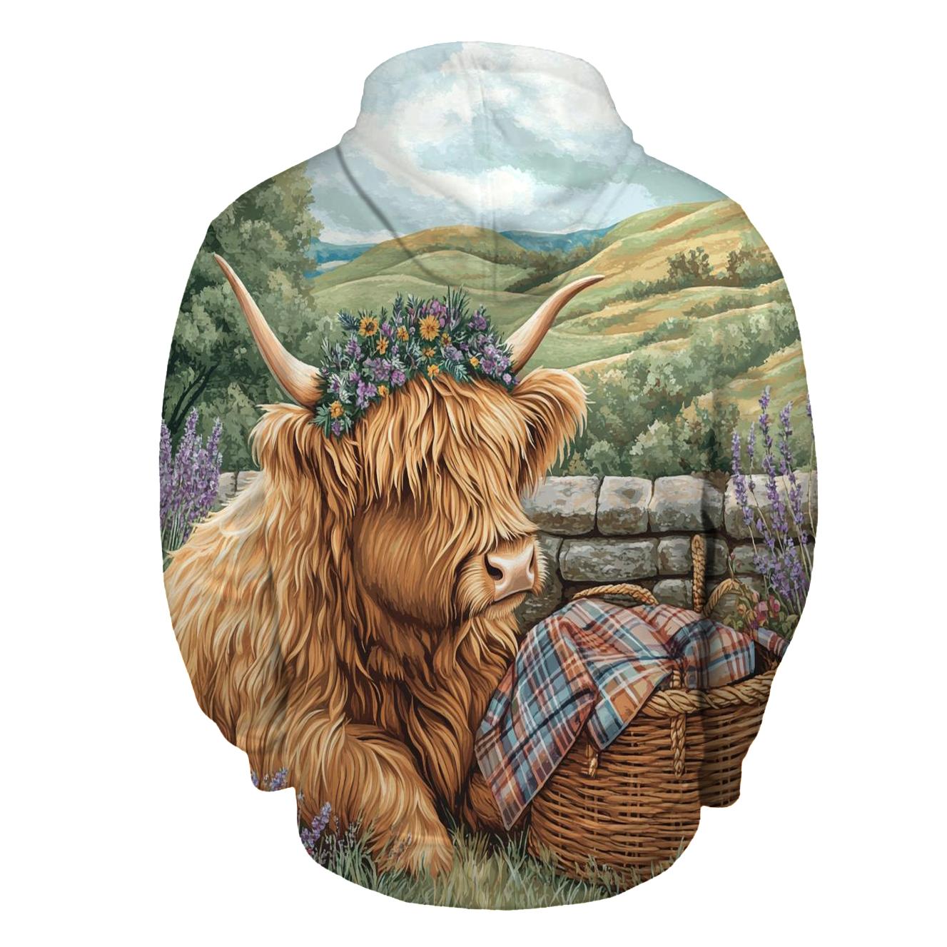 Highland Cow With Heather Crown Picnic graphic hoodies