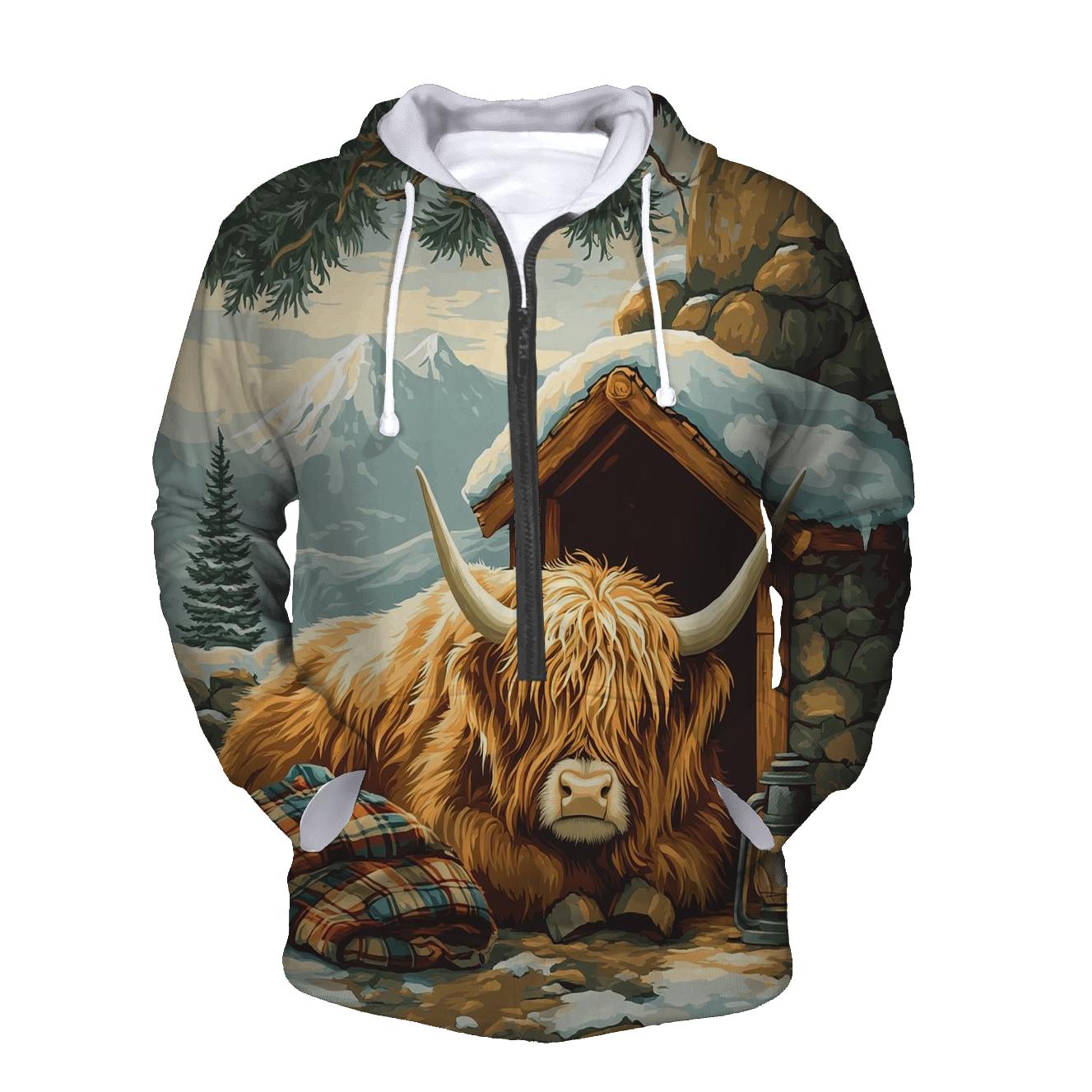 Highland Cow In Winter Bothy Glow hoodies fashion