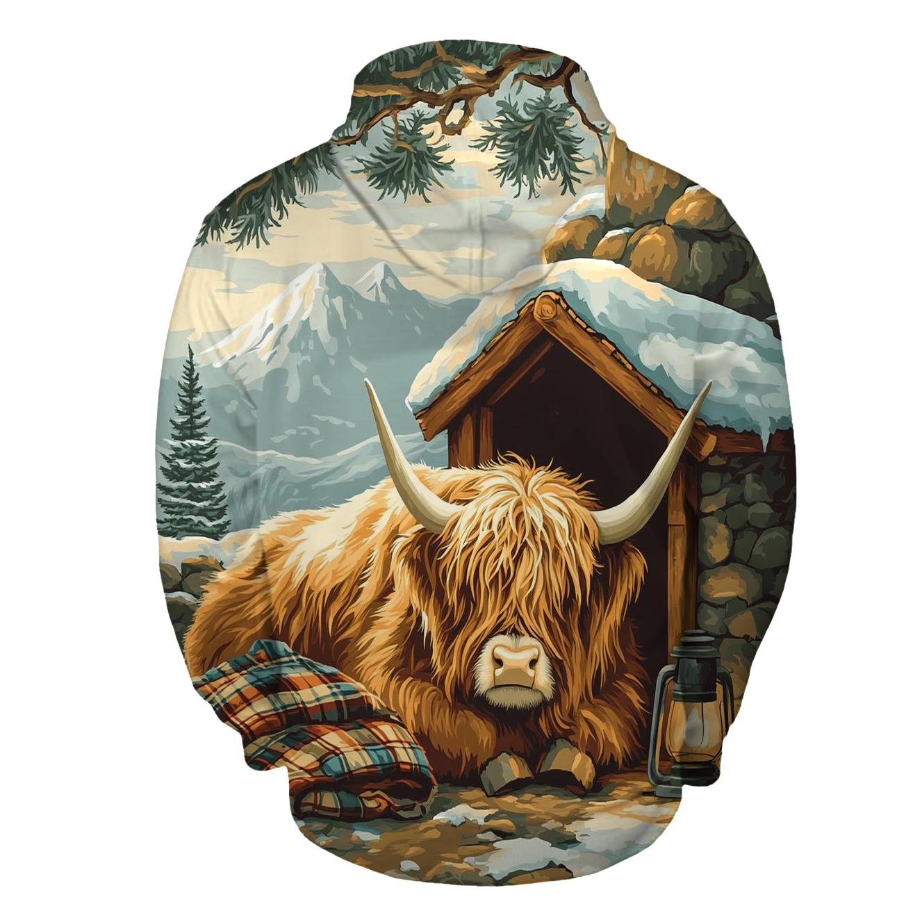 Highland Cow In Winter Bothy Glow hoodies fashion