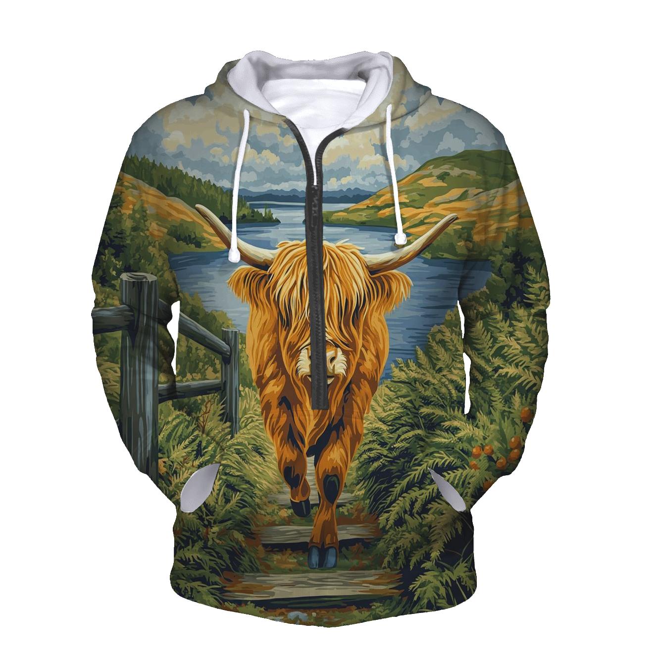 Bracken Trail Highland Cow Postcard pullover hoodies