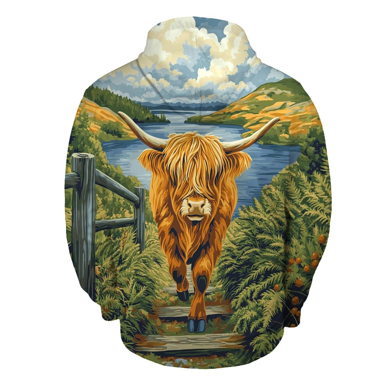 Bracken Trail Highland Cow Postcard pullover hoodies