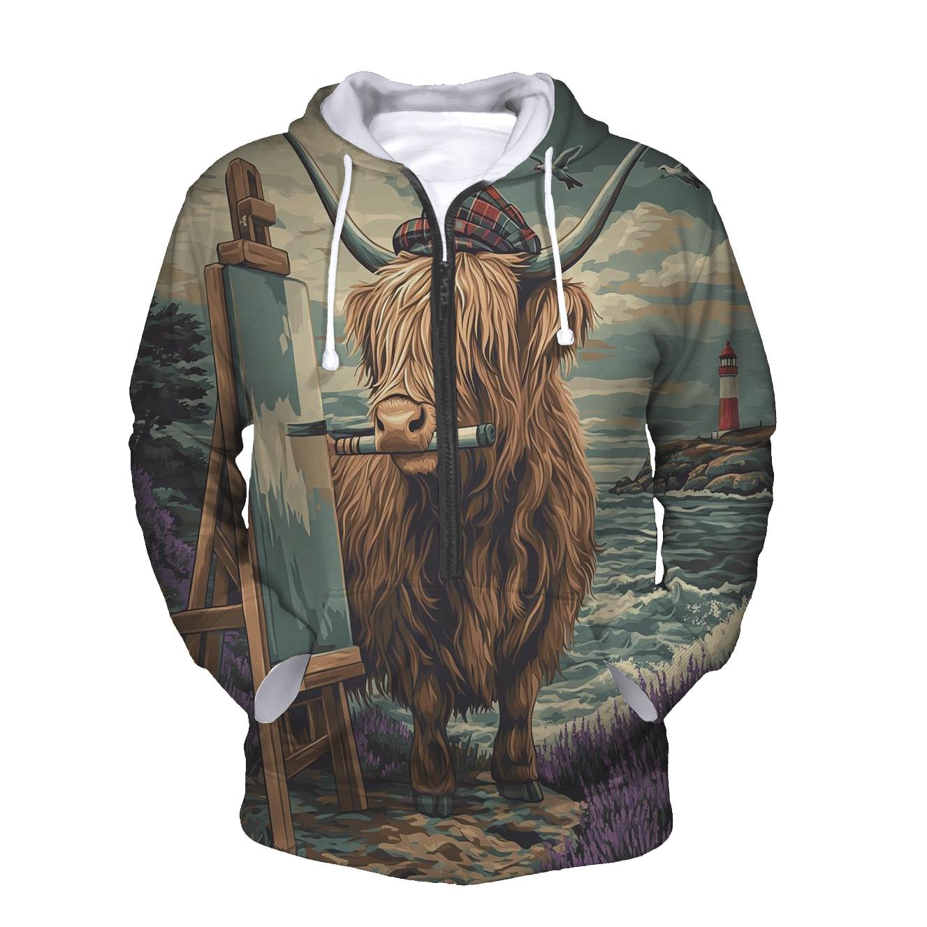 Clifftop Sketcher Highland Cow graphic hoodies