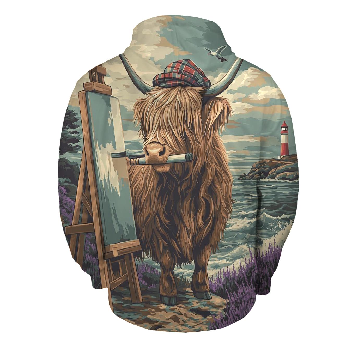 Clifftop Sketcher Highland Cow graphic hoodies