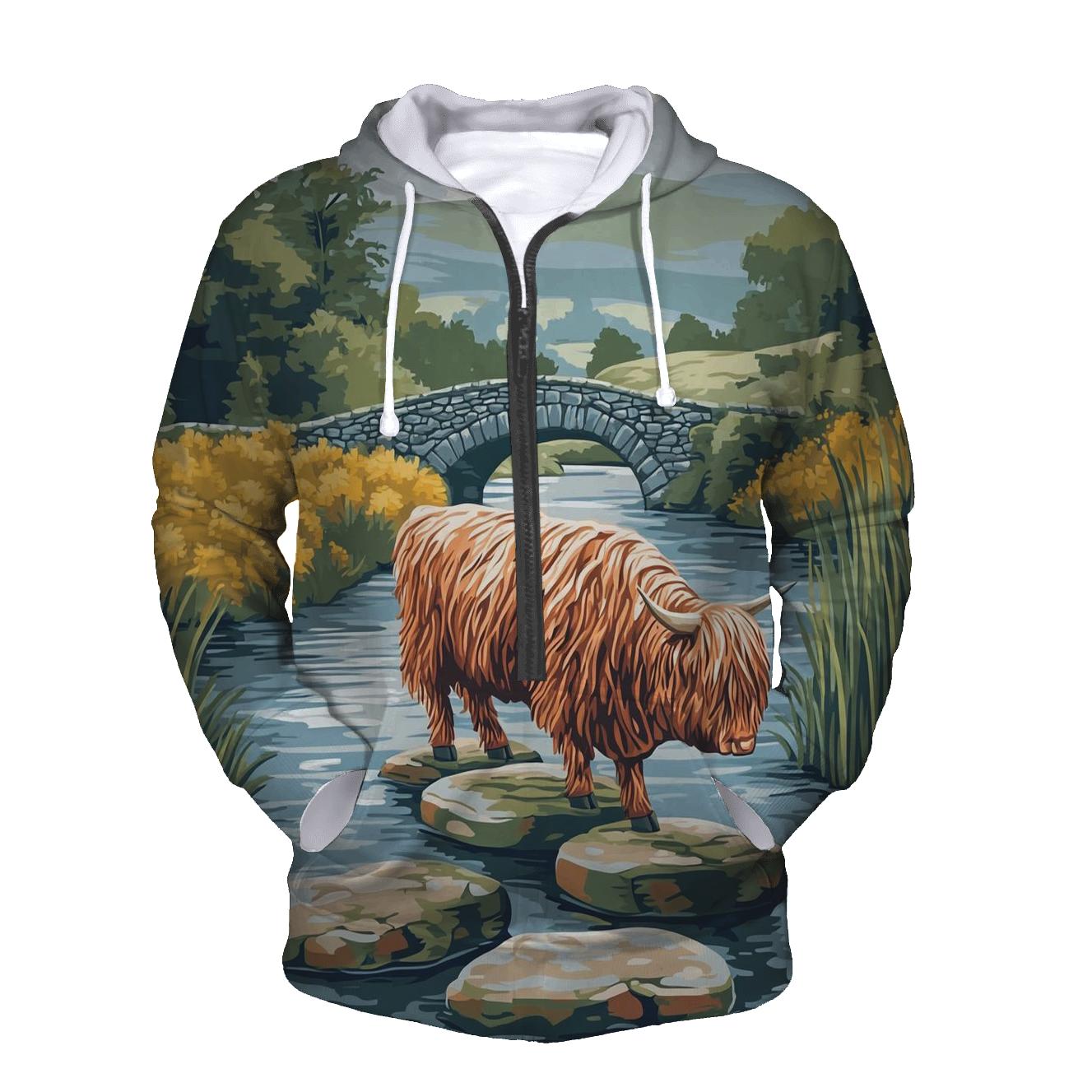 Highland Cow River Stone Crossing premium hoodies