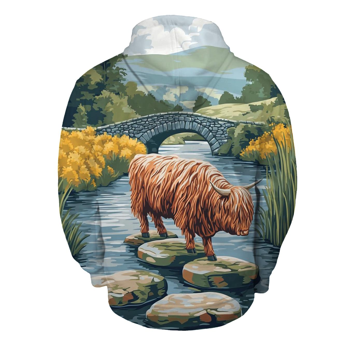 Highland Cow River Stone Crossing premium hoodies