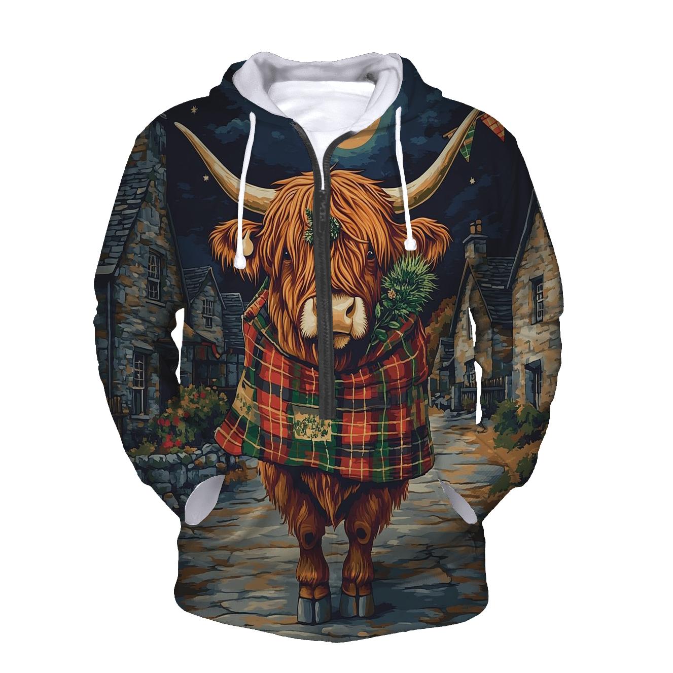 Moonlit Tartan Parade Highland Cow hoodies fashion