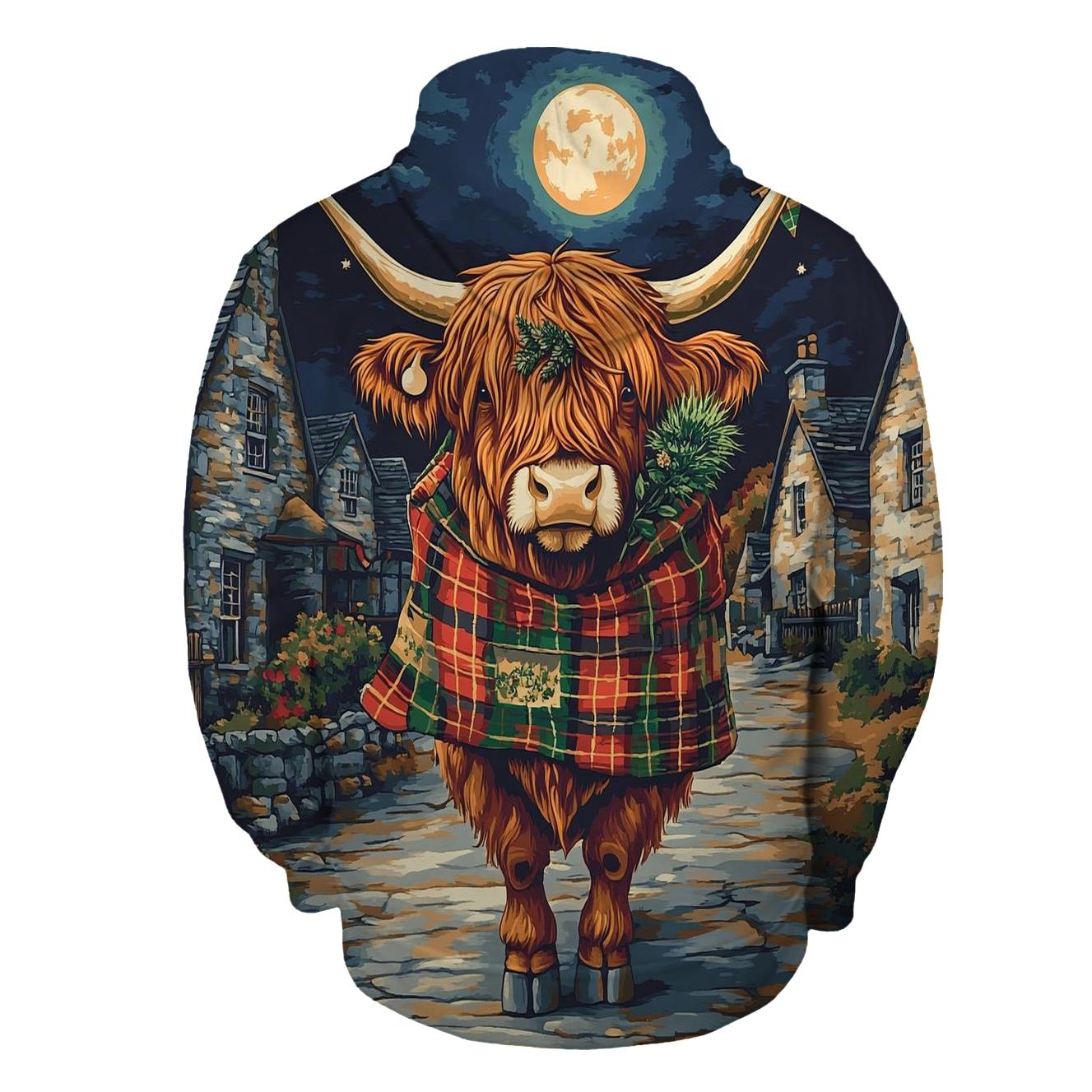 Moonlit Tartan Parade Highland Cow hoodies fashion