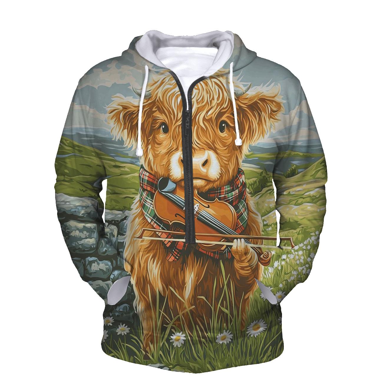 Highland Cow Violin Practice Meadow heavyweight hoodies