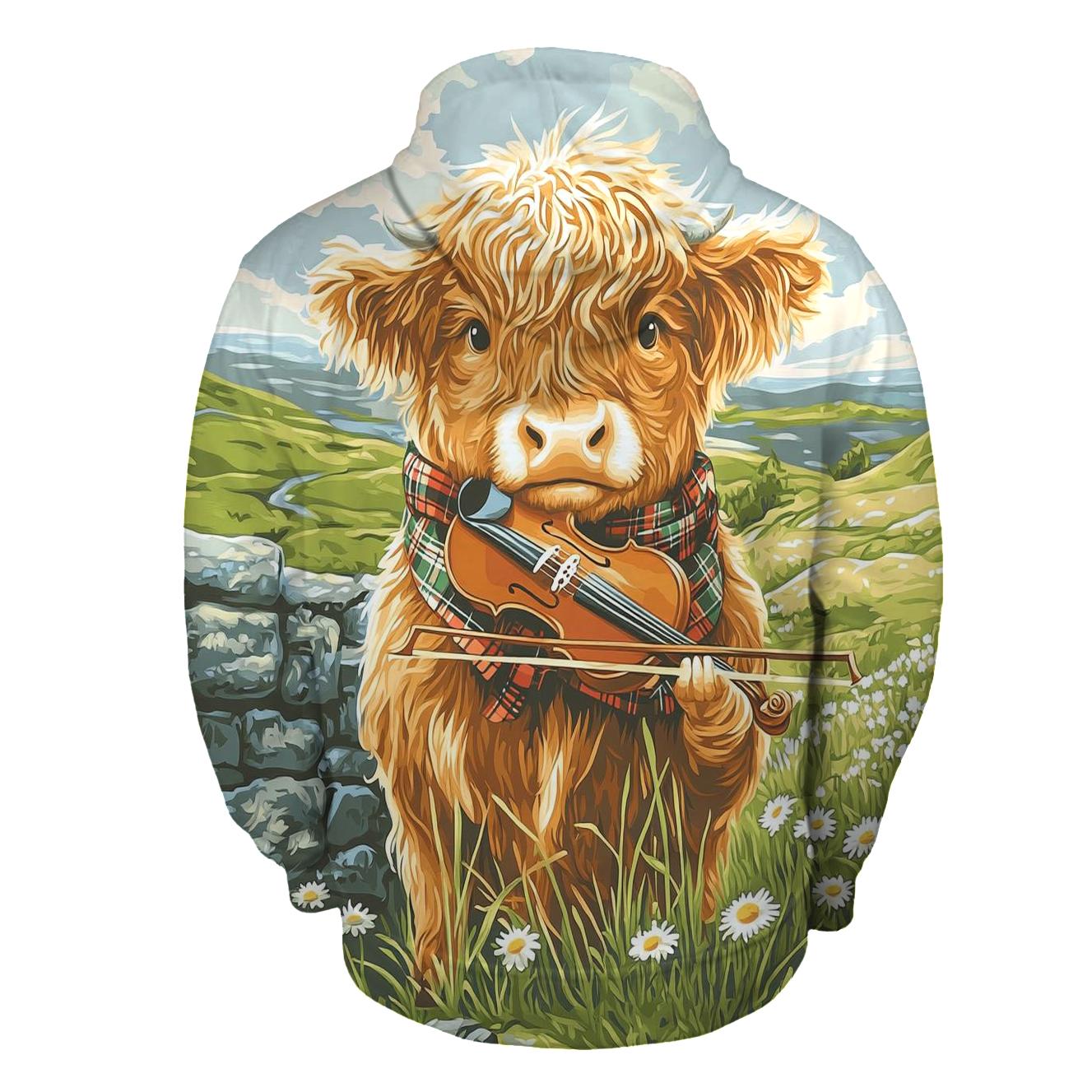 Highland Cow Violin Practice Meadow heavyweight hoodies