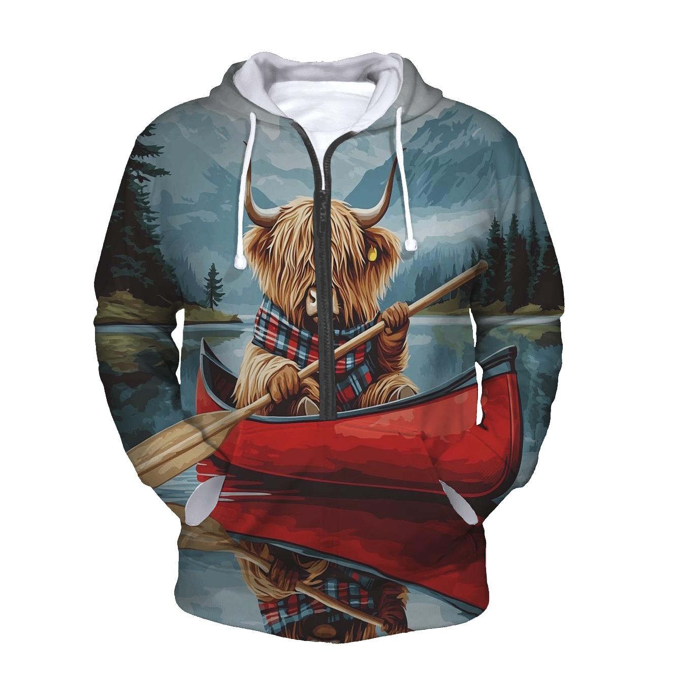 Highland Cow Canoe On Quiet Loch zip-up hoodies