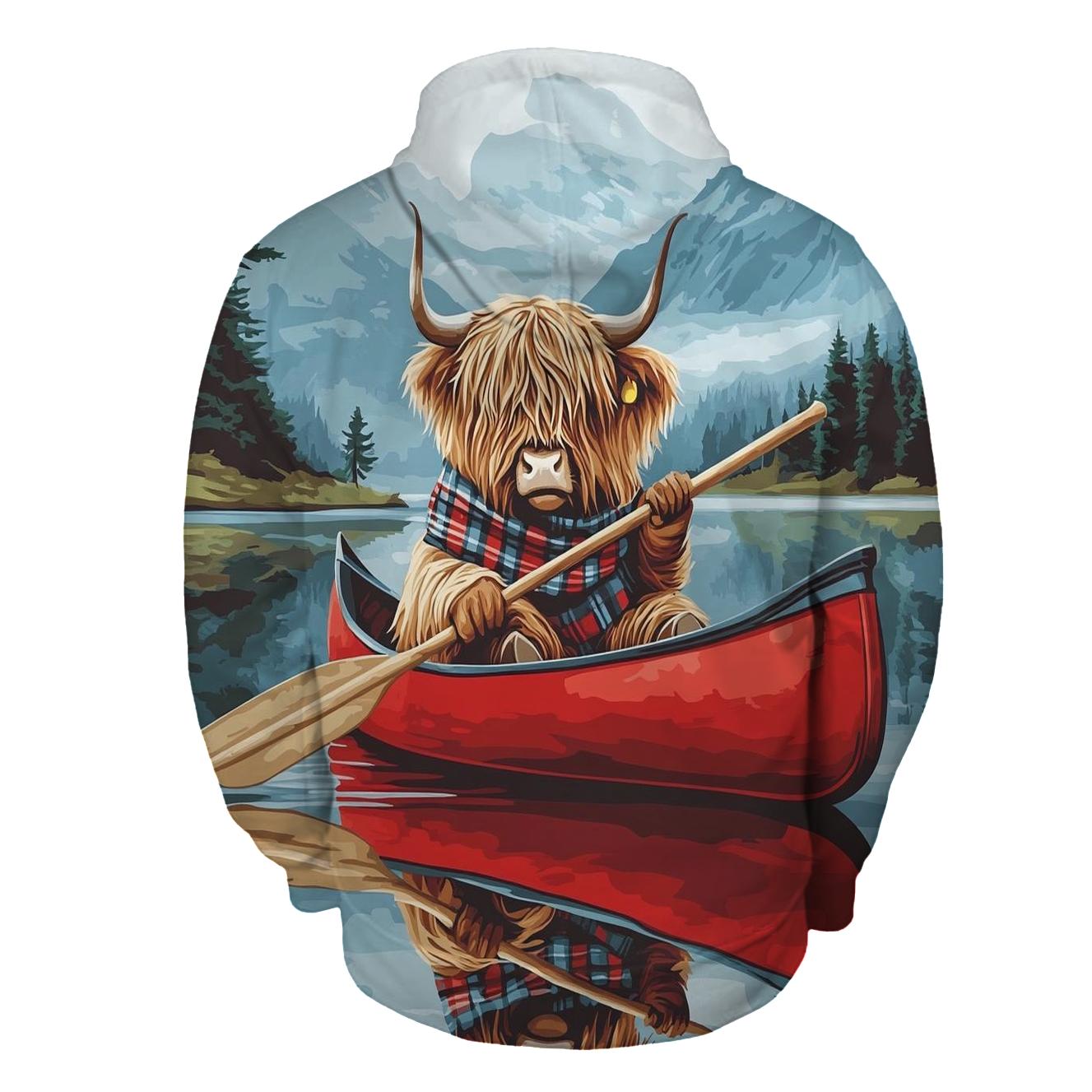 Highland Cow Canoe On Quiet Loch zip-up hoodies