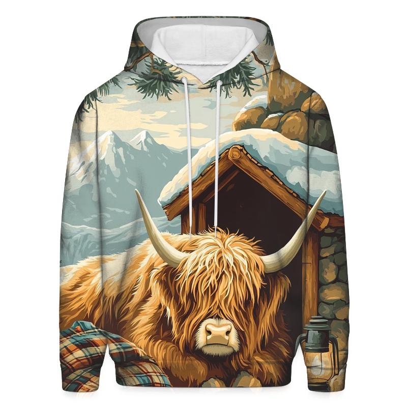 Highland Cow In Winter Bothy Glow embroidered hoodies