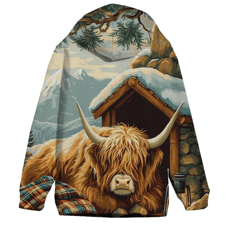 Highland Cow In Winter Bothy Glow embroidered hoodies