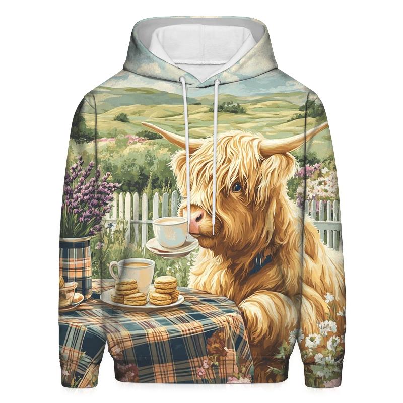 Highland Cow Tea Garden Brunch designer hoodies
