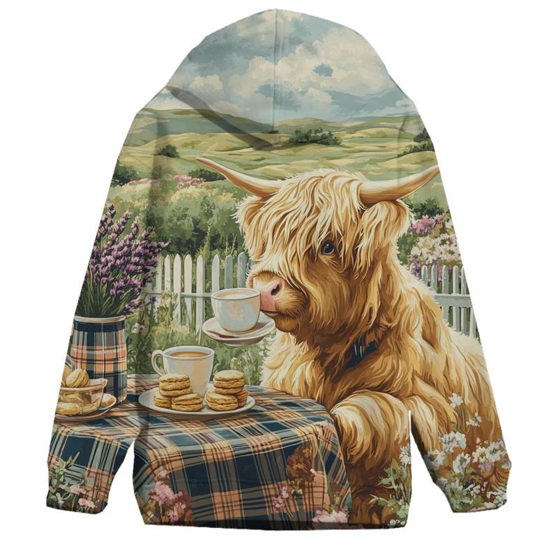 Highland Cow Tea Garden Brunch designer hoodies