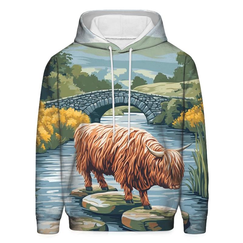 Highland Cow River Stone Crossing hoodies fashion